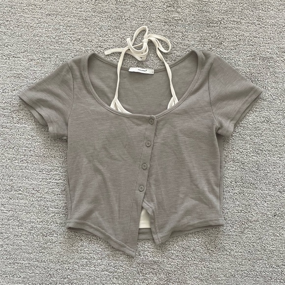 Tops - Women’s Cropped Layered Halter Gray Beige Top Short Sleeve Casual Y2K Minimal